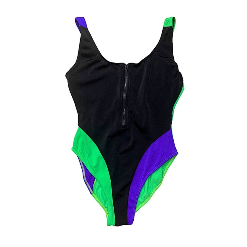Vintage 90s Colorblock One Piece Bathing Suit Zipper Front High Cut Leg M